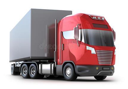 带集装箱的红色卡车卡车集装箱在道路, 货物运输概念集装箱卡车用集装